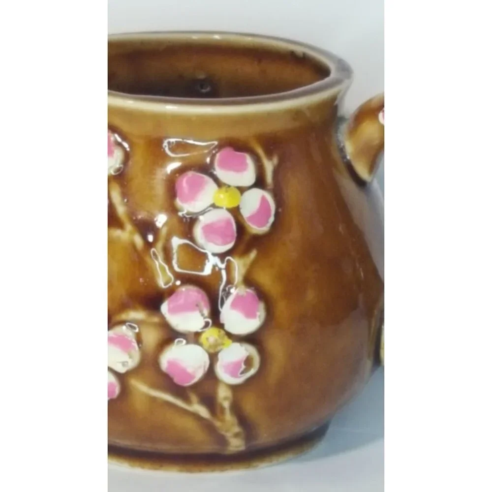 Vintage Japanese Creamer Brown Pink Cherry Blossums Made‎ in Japan Mid Century